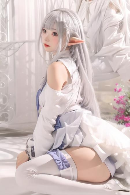 1gir,emilia,emiria,silver hair,dress,thighhighs,