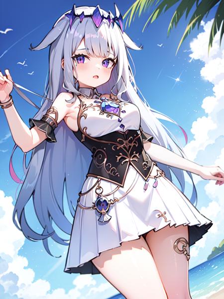 koseki_bijou, hololive, 1girl, solo,
silver_hair,  purple_eyes, long_hair, 
cute, medium_breasts,  [wide_hips], short, thicc,
looking_at_viewer , 
wide_shot, 
outdoors, day, beach,