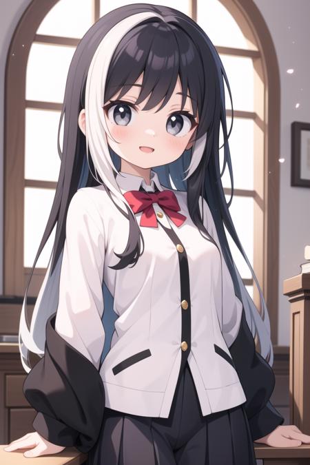 masterpiece, best quality, ultra detailed, anime style, 1girl, young, cute, long hair, bi color hair, black hair, (white hair:1.18), gray eyes, medium breasts, magical academic outfit, magical room, marble, warm, beautiful face, happy, cowboy shot