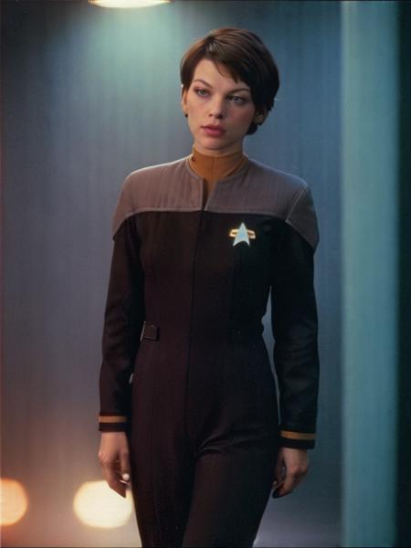 m1ll4j0v0v1ch, short pixie cut brunette hair. in (ds9st operations1.2). looking at the viewer. in a sci fi space station. bokeh.<lora:Ds9Divi:0.8>  (closeup)