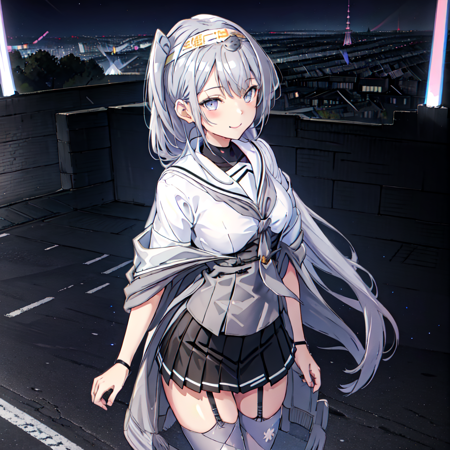 masterpiece, best quality, fuyutsuki, 1girl, solo, skirt, thighhighs, gloves,  school_uniform, grey_hair, pleated_skirt, serafuku, black_skirt, sailor_collar, neckerchief, grey_eyes, headband, white_sailor_collar, shawl, microskirt, hachimaki, grey_thighhighs, white_headband, grey_neckerchief, from above, height difference, at night, night illumination, tokyo, ((((street scenery)))), <lora:animemix_16:1>, ((relax, light smile)), <lora:Giantess:1.4>, long hair