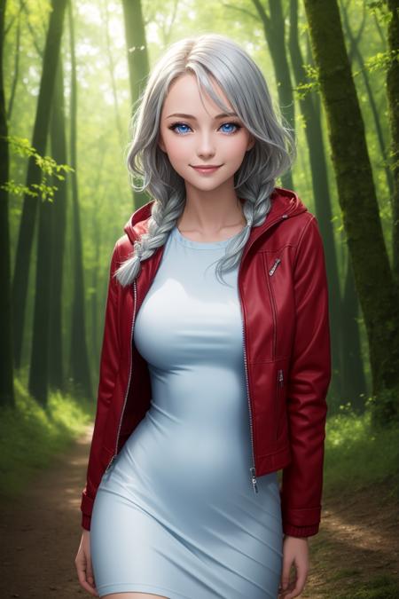 (masterpiece, best quality,) 1girl,
short hair, blue eyes, silver hair, wavy hair, braid, dress, large breasts, smile, jacket, cyberpunk, 
depth of field, forest, field, wind, swirl, looking at viewer,