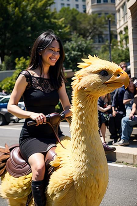 woman riding chicken chocobo bird <lyco:Chocobo_Lycoris_B:0.8>