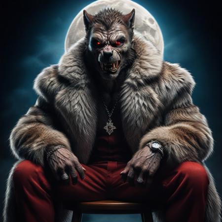 Detailed werewolf with red eyes , furcoat, moon in the background, sitting in a chair, evang, detailed face, detailed hair