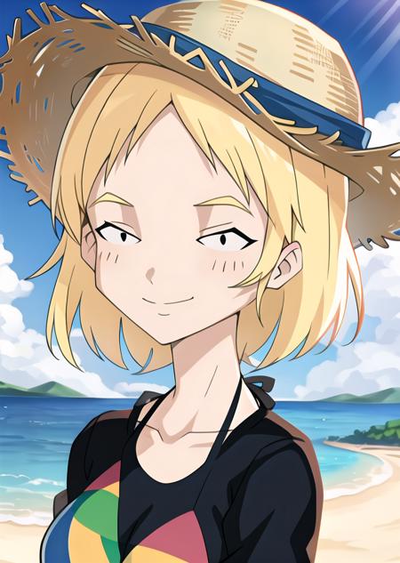 best quality, high detail, (detailed face),  ((best quality, masterpiece)), (high-resolution:1.2),blonde hair,(straw_hat:1.2),black eyes,women, short hair, black eyes,smile,closed mouth, code lyoko, bikini:0.3,standing,solo, beach background, sky,sand