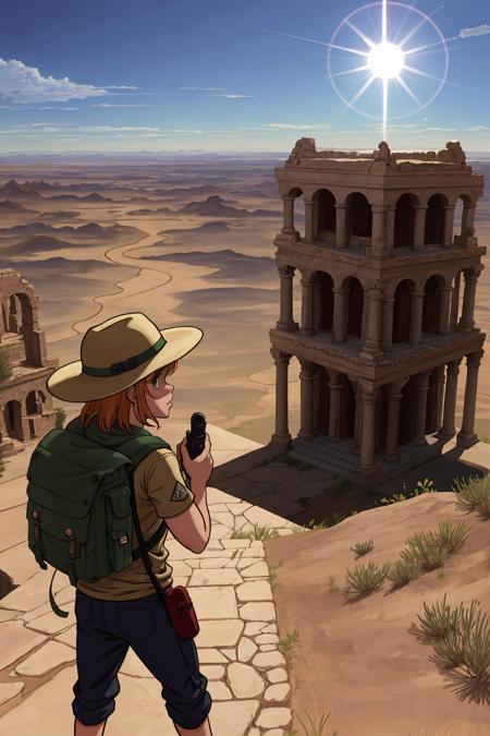 2girls 2boys adventuring in ancient desert ruins, khaki clothes hats and backpacks cargo action camera dutch angle (masterpiece:1.2) (illustration:1.2) (best quality:1.2) (detailed) (intricate) (8k) (cinematic lighting) (sharp focus)