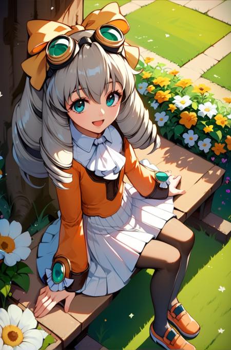 maria balthasar, 1girl, aqua eyes, grey hair, drill hair, goggles on head, hair ribbon,  long sleeves, white ascot, detached collar, long hair, orange footwear, pantyhose, white skirt, orange shirt,