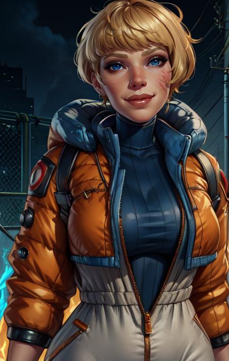 wattson,  blue eyes,  scar on face,  blonde hair, 
 looking at viewer,  smile, 
turtleneck,  white Jumpsuit,  orange jacket, 
standing, facing viewer,  
cyberpunk, electricity,  electric fence, 
(insanely detailed, beautiful detailed face,beautiful detailed eyes, masterpiece, best quality),
 <lora:wattson:0.8>