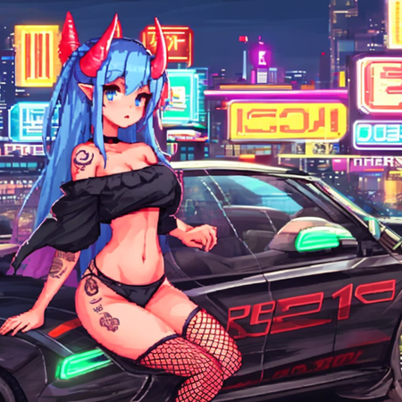 <lora:pixelart-08:0.9>pixelart  1girl, solo, long hair, shirt, thighhighs, navel, bare shoulders, sitting, very long hair, underwear, blue hair, panties, outdoors, horns, midriff, off shoulder, crop top, black shirt, tattoo, night, ground vehicle, building, fishnets, motor vehicle, oni horns, city, off-shoulder shirt, car, red horns, fishnet thighhighs, neon lights