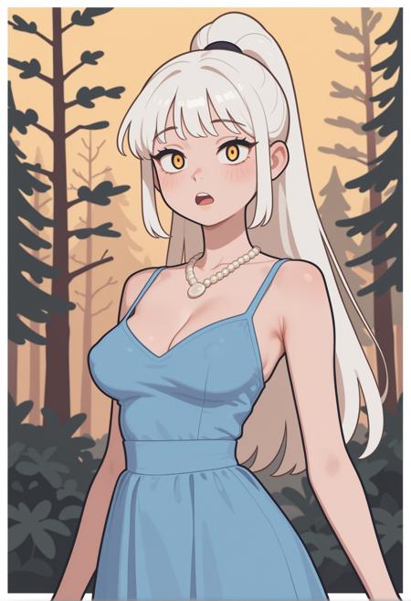 masterpiece, best quality, very aesthetic, absurdres, newest, highest quality, 1girl, perky_breasts, mommy figure, blue dress, platinum ponytail, messy bangs, demon eyes, thin waist, open_mouth, looking_at_viewer, upper_body, necklace, yellow_background, trees in background, dynamic pose, cowboy shot, golden_hour, deep_shadows, white border, outlined, m1nma_sty, minimalistic