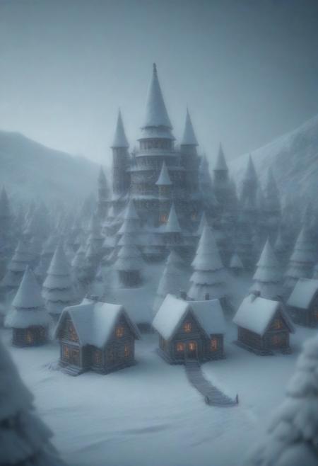 Pencil_morph_style, snow village, cinematic photography  <lora:Pencil_morph_style:1>