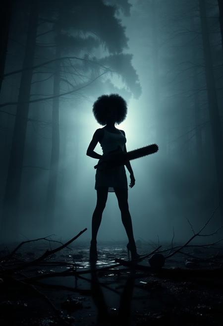 A dark and terrifying scene inspired by classic horror films. Picture a secluded, fog-covered lake in the woods at night, with towering trees casting long shadows. In the center of the scene stands a menacing feminine figure with a afro up-doo, holding a buzzsaw in one hand, surrounded by eerie, flickering lights. The figure’s silhouette is partially obscured by mist, creating a sense of dread and anticipation. Broken branches and ominous shapes are scattered across the ground, hinting at a recent struggle. The atmosphere is heavy with tension, fear, and the looming threat of violence, evoking the unsettling mood of iconic slasher films.