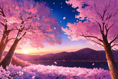 (photorealistic:1.2), illustrated by Hidenori Matsubara, vibrant fantasy landscape, cherry blossom petals falling, illuminated by a warm and inviting sunset, smooth shading and textures, and a subtle glow