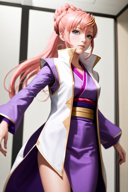 masterpiece, best quality, highres, 1girl lacus clyne pink hair blue eyes, ponytail open clothes vest uniform long sleeves purple sleeves purple kimono japanese clothes <lora:lacus_clyne_anime_remake_white_coat_purple_kimono:1> standing, photorealistic