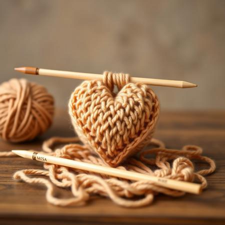 ball and knitting needles, knitted heart