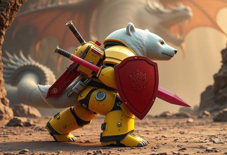 Vibrant yellow Armored White Bear robot, red shield, pink sword, in dynamic action pose on dirt ground, facing right against ominous Cave Dragon background. High-res 4K, Exceptional Quality, Lifelike Details, Super Detailed Eyes, Stunning Harmonious Multi Colors. Beautiful Matte Painting, Impeccable Golden Ratio Composition, Creative Angle, Captivating Cinematic Lighting. Octane Render, Unreal Engine 5, Splash Ink Illustration. Trending on ArtstationHQ, CGSociety. Raphael Style influence, Houdini Style complexity. Handcrafted detail, sharp lines. Playful imaginative scene.