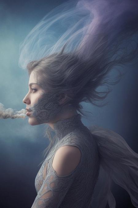 surreal, waltz of fractal smoke over the abyss, fantasy smoke, dresses and stars, dynamics, movement, wind, colorful, intricate details, perspective, hyper-detailed, hyper-realism, professional photoshoot