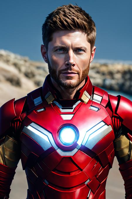 long shot photo of  jensen_ackles with soft smile, wearing ironman suit, hyper realistic photograph, detailed face, in coast, (high detailed skin:1.2), 8k uhd, dslr, soft lighting, high quality, film grain, Fujifilm XT3, natural lighting, subsurface scattering,   <lora:jensen_ackles :0.75> full body, (extremely detailed CG unity 4k wallpaper)