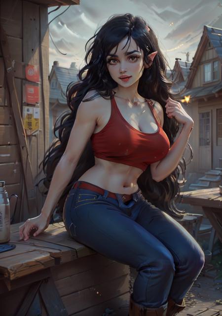 (MarcelineWaifu:1), cute, big breasts, looking at viewer, :D, solo, (red tank top, jeans:1), breast focus, idol pose,

(realistic:1.2), (realism), (masterpiece:1.2), (best quality), (ultra detailed), (8k, 4k, intricate),(full-body-shot:1),(Cowboy-shot:1.2), (85mm),light particles, lighting, (highly detailed:1.2),(detailed face:1.2), (gradients), sfw,

(detailed ladscape, three house, wood furniture:1.2),(detailed background),detailed landscape, (dynamic angle:1.2), (dynamic pose:1.2), (rule of third_composition:1.3), (Line of action:1.2), wide shot, solo,

<lora:MarcelineADT_character-20:0.65>