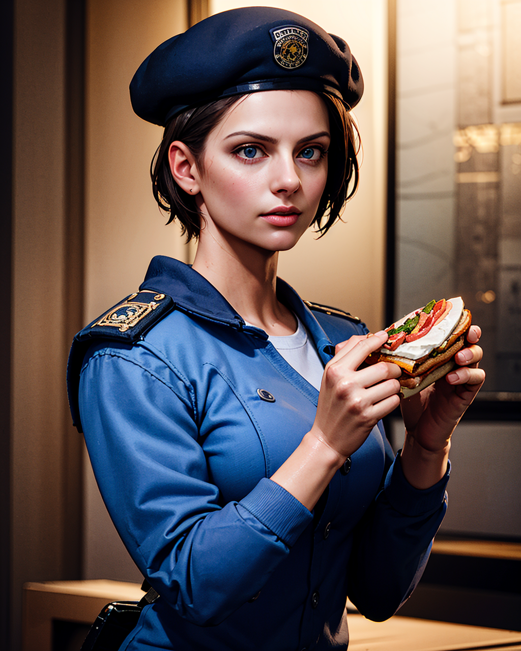 1girl, jillvoth, eating, sandwich, food, looking at another, looking away, holding food, blue military uniform, beret, pau...
