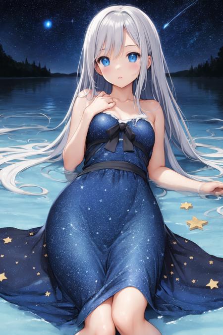 {masterpiece,best quality,illustration,1 girl,adult female,blue eyes,(starry sky long hair silver),starry sky dress,lying flat on the water,starry sky<lora:SilvermoonMix01V1.1:1>