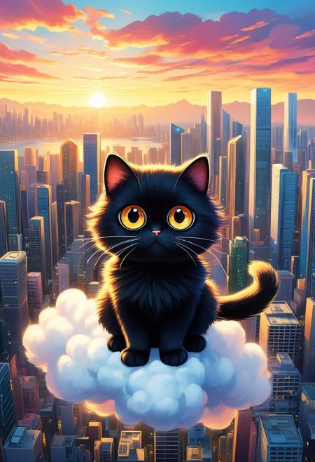 A captivating illustration masterpiece of a very funny ((cute cat)) with ( (((huge))) ((oversized)) ((manga-style eyes)):1.2), feline is gazing very longingly into the camera lens. The cat's fluffy fur contrasts with its sleek black attire, and it sits on a transparent cloud, as if levitating above the ground. The background showcases a vibrant cityscape with towering skyscrapers and a dramatic sunset, creating a delightful mix of urban and whimsical elements, from above