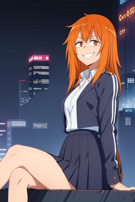 1girl, solo,sitting, gamo chan, cyberpunk cityscape,night city \(city\), stealth in the city,  masterpiece, windbreaker jacket with skirt, professional artwork, famous artwork, perfect face, orange hair, (orange eyes:1), beautiful face, evil smile, ((perfect female body, narrow waist)), background city,  <lora:Gamo Chan:0.8>