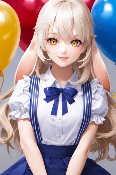 best quality, ultra detailed, beautiful detailed face, perfect anatomy, 1girl, solo focus, whole body shot, long white hair, yellow eyes, two floppy rabbit ears, balloon puff sleeves, short shirt, blue short pleated skirt, suspenders skirt, <lora:radiyu_Streamer:1>,