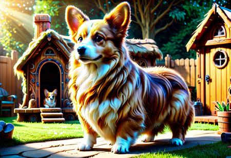 a Pembroke Welsh Corgi made of w00kiee, standing next to a doghouse in a backyard, intricate details, morning light, raw photo, cinematic, highly detailed, bright colors, aesthetic, fine detail, polished, complex, vibrant, symmetry, full color, perfect, ambient, unique, illuminated, epic, best, artistic, quality, dramatic, beautiful, stunning, flawless, extremely, very inspirational
