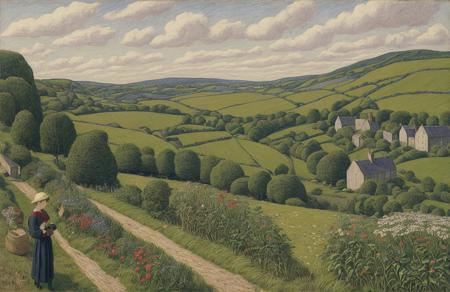 style of Henry Moret, parcel ,field ,terrace ,hedgerow,estate ,farm , Valley ,