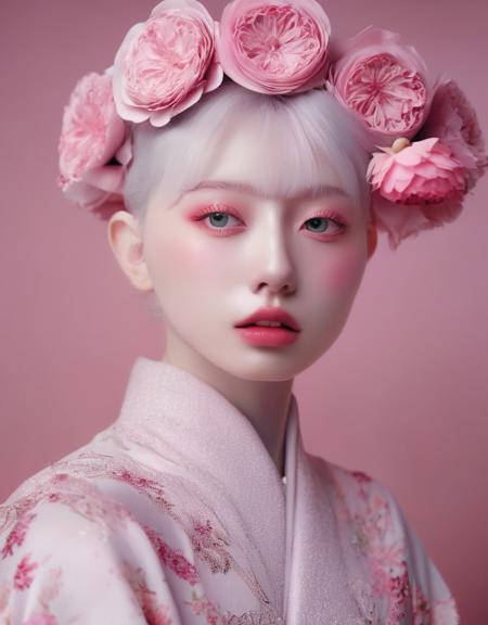 a commercial photo portrait of instagram model, the Ethereal Portraits, fashionable 2020's Japanese girl, detailed skin texture, 16yo girl, hyper real photo, , Albinism and Heterochromia by Bella Kotak, girly portrait in studio shoots, Albina Albina, Feminine portrait, bust-up shot, intricate fantasy dress,
taken by professional studio lighting, 150mm lens, PhaseOne, digital backs, medium format,
, 150mm portrait, photography, photo taken with a Hasselblad H4D, taken with PhaseOne IQ180, IQ160, IQ140, P65+, P45+, "digital back", extremely detailed, Leaf Aptus, perfect skin, detailed skin, hyper reality, perfect face,
(pink:1.6) hair, (pink:1.6) background, dress head completely covered with (pink:1.6) flowers, (pink:1.6) color filter,