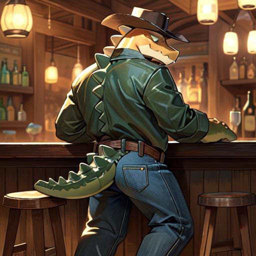 safe_pos, by darkgem, solo, gummigootadc, male, standing, three-quarter portrait, chaps, jeans, cowboy outfit, empty eyes, barely visible nipples, open shirt, yellow body, tipping hat, one leg up, stool, saloon, bar, wild west, detailed background, detailed lighting, best quality, good quality,  <lora:epi_noiseoffset2:.5> <lora:fluffyrock-quality-tags-v4.rc11.5:1>  <lora:gummigootadc:1>