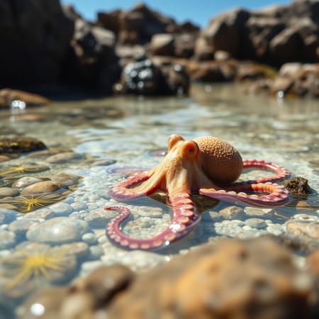 a very detailed close picture of an octopus on a beach half in the water between rocks and water sea plants, sunny beach