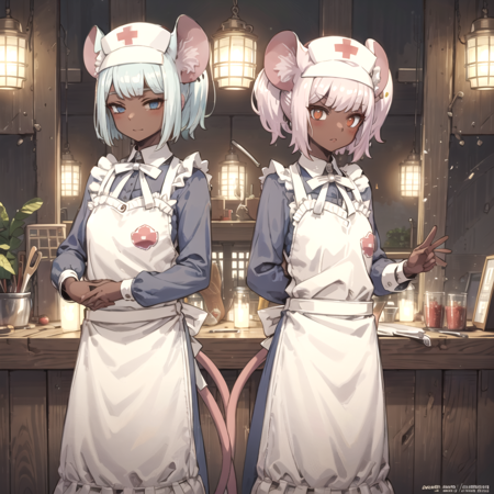 daikokuten two anime mouse girls dressed in pink with aprons standing in front of building, dark-skinned female, dark skin, animal ears, red eyes, apron, indoors, two cartoon mice in business suits and ties as  if they were businessmen, animal ears, dark skin, mouse ears, red eyes, white hair, necktie, mouse girl, tail, mouse tail, dark-skinned female, indoors, two mice that work in a kitchen wearing maid outfits and aprons, dark skin, animal ears, dark-skinned female, white hair, 2girls, hat, nurse cap, multiple girls, tail, indoors,