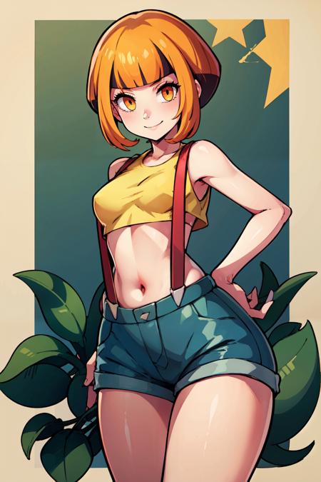 gardenia (pokemon), orange eyes, green capelet, black shirt, long sleeves, midriff, belt, orange shorts, 