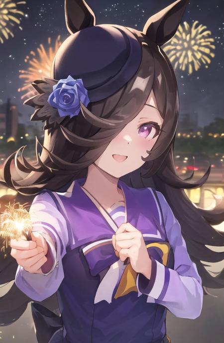 <lora:RiceShower_v21:0.8>,RiceShower,(masterpiece),illustration,(rice shower \(umamusume\)),brown hair,long hair,purple eyes,swept bangs,long bangs,long hair,small breast,hair covers right eye, fireworks, night sky, street, red kimono,holding fireworks, smile,looking at viewer, upper body,