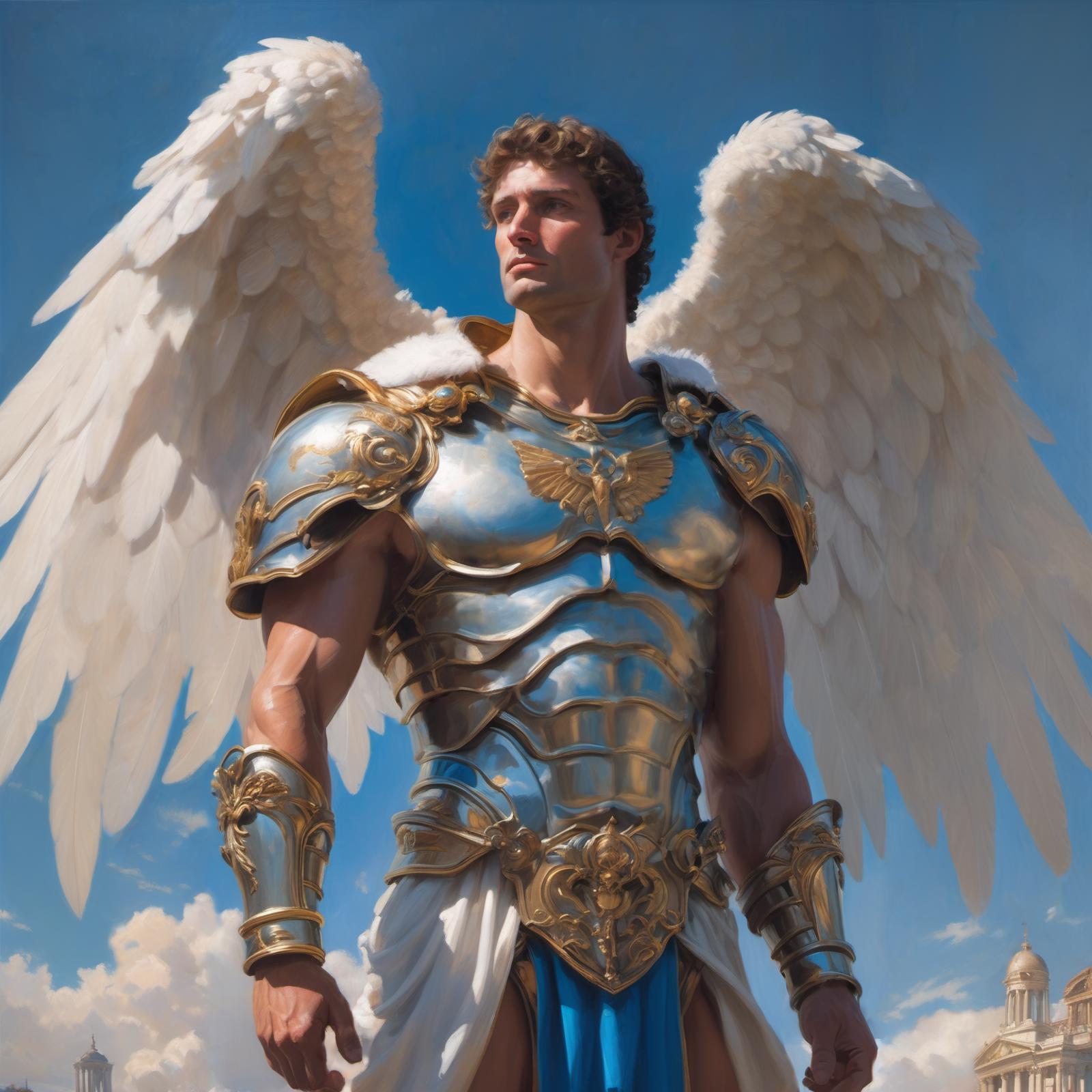 A painting of a muscular man in a gold and white armor, wearing wings and holding a sword.