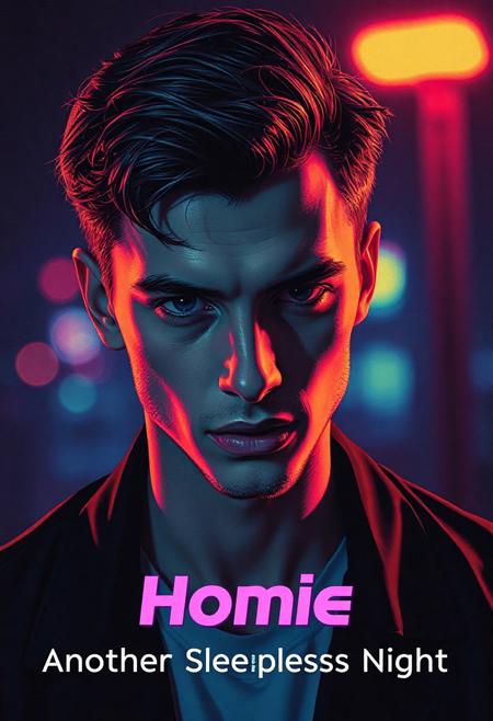 high quality design aesthetics, disco, synth pop, dynamic, detailed, pop album cover, melancholic, young white man, artist name "Homie", album title "Another Sleepless Night"