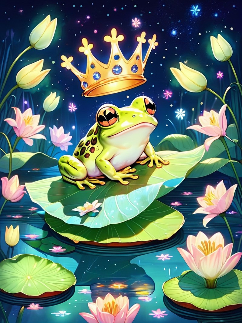 An endearing drawing of a tiny frog on a lily pad, wearing a crown of flowers, as it serenades a moonlit pond with a soft,...