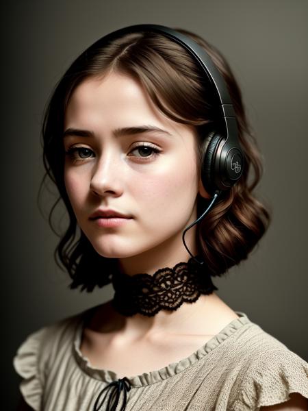 a girl,Jane Eyre with headphones, natural skin texture, 24mm, 4k textures, soft cinematic light, adobe lightroom, photolab, hdr, intricate, elegant, highly detailed, sharp focus, ((((cinematic look)))), soothing tones, insane details, intricate details, hyperdetailed, low contrast, soft cinematic light, dim colors, exposure blend, hdr, faded, realistic, RAW