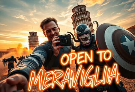 Marvel icons, Captain America and Venom, are caught in a high-energy selfie in front of the Leaning Tower of Pisa during an action-packed moment. Captain America, with his iconic shield on his back, holds a vintage Kodak MC3 camera, capturing the perfect shot. Venom strikes a chaotic, playful pose, his tendrils wrapping around Cap’s shoulder. In the background, the ominous Sion army advances through swirling dust clouds, their futuristic armor gleaming under a dramatic sunset. The Leaning Tower of Pisa stands tall, casting long shadows across the scene.
In the foreground, a vibrant neon cardboard sign reads ‘OPEN TO MERAVIGLIA’ in bold, graffiti-style text, glowing with holographic accents. The contrast between the iconic Italian landmark, the looming Sion army, and the lighthearted superhero selfie creates an epic and surreal snapshot of adventure and fun