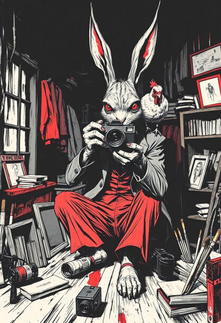 hariren. An anthropomorphic evil rabbit in a ragged suit sat in a dark, shabby tailor's shop pointing a vintage Hasselblad camera at the viewer. On his shoulder is a chicken. The rabbit's fur is matted and rough. Its eyes are scary. The rabbit, chicken and the camera are all pointing forward to the viewer. On the floor are vintage cameras, books, picture frames and paintbrushes. The brushwork is kept minimal, using bold, unshaded forms, rough-edged shapes, and grainy textures for a powerful, rebellious aesthetic. The entire scene is rendered in a bold, minimalist aesthetic, using stark contrasts of white, black and red.