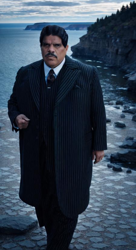 gomez addams (sharp focus:1.2), full body photo, man on a (cliffside:1.2). (moody lighting:1.2), depth of field, bokeh, 4K, HDR. by (James C. Christensen:1.2|Jeremy Lipking:1.1).