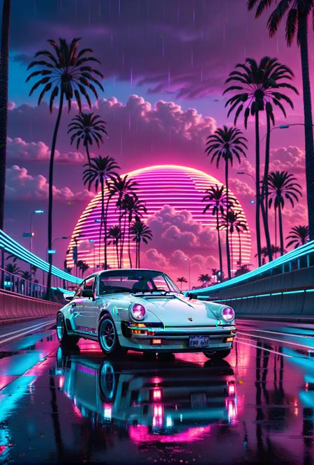 cinematic film still 80s synthwave, retro-futuristic, a classic white Porche 911 1980s sports car speeding around a neon-lit curve on a highway, with glowing palm trees lining the road. The scene is captured from a low-angle shot, emphasizing the sleek design and vibrant colors of the car, reflecting off the wet asphalt. The background features a neon sunset with horizontal lines, characteristic of the synthwave aesthetic, in vivid hues of pink, purple, and blue. The image is highly detailed with dramatic lighting, creating a sense of speed and motion. The artwork has a vaporwave vibe, combining retro and futuristic elements with bold, electric colors and a minimalist, sticker-like style on a white background. The atmosphere is surreal and cinematic, with sharp contrasts and intense glow effects, reminiscent of 80s digital art. This 3D render, illustration, is crafted with high resolution, capturing the essence of a synth wave cityscape in extreme detail and dynamic composition. 8k resolution with a focus on vibrant neon and striking details, evoking a nostalgic yet futuristic feel. <lora:FluxCyberpunkAnimeStyle.safetensors:1.0>, cyberpunk, anime,  . shallow depth of field, vignette, highly detailed, high budget, bokeh, cinemascope, moody, epic, gorgeous, film grain, grainy