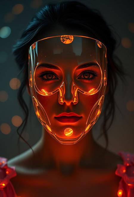 Surrealistic scene of woman with glass face shaped mask covering her entire face, magical, mystic, glowing, high quality, rich details, high sharpness, highly detailed, High Definition, Realistic, 8k, Sharp Focus, intricate details, dynamic angle, warm hues, realistic, photorealism, hd, 8k, high definition, score_9, score_8_up, score_7_up, score_6_up