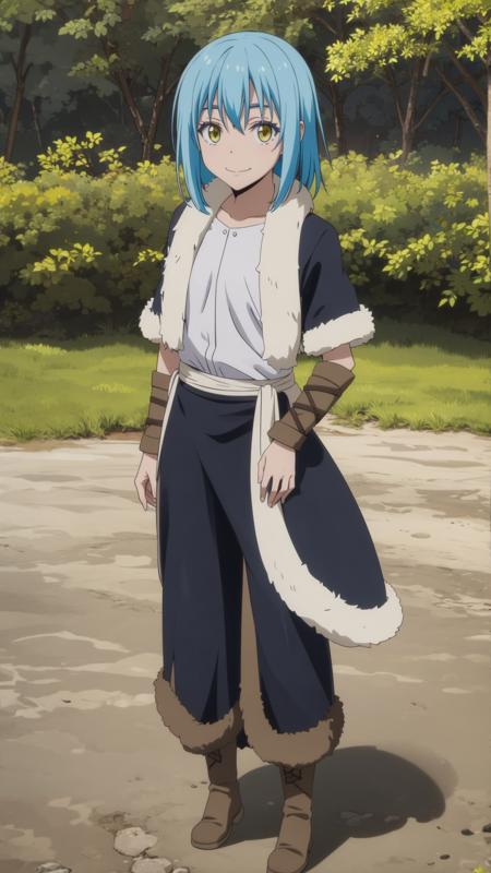 (masterpiece, best quality), ray tracing, absurdres,1girl,rimuru tempest, initial, blue hair,yellow eyes, medium breasts,solo, fur trim, outdoors, pants, short sleeves, full body, black pants, tree, bangs, ,  brown footwear, day, smile, closed mouth, boots, standing, shirt, fur-trimmed sleeves,looking at viewer,<lora:rimuru initial_v2:0.8>