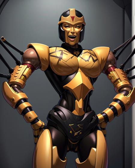 (intricately detailed, best quality, high resolution:1.3), upper body, <lora:bl4ck4r4TF-10:0.7> bl4ck4r4tf, feminine robot, mecha, (yellow|black) skin, slender, slim, upper body, humanoid hands, spider legs, laughing, hands on hips,