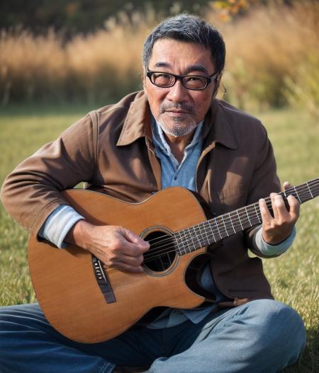 (A medium photo of a man,lzs,aged up),wearing(brown jacket),sitting on grass,outdoors,autumn,crossed legs,holding guitar,playing instrument,looking at viewer,detailed face,detailed eyes
(masterpiece) (photorealistic) (best quality) (detailed skin) (intricate) (8k) (HDR)
<lora:lzsV6:0.9>