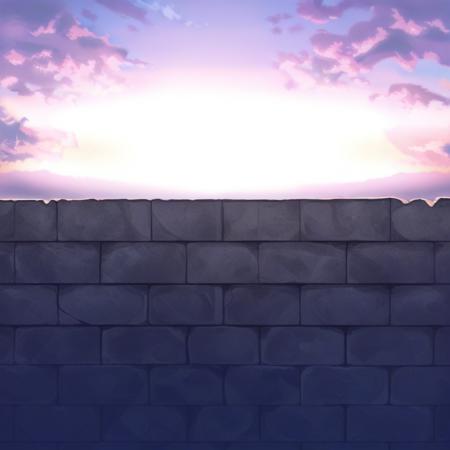 SSupp0rt cloud, scenery, outdoors,short stone wall, horizon, cloudy sky, sunset, sunlight,