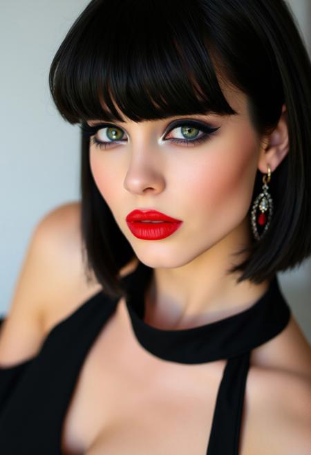 a gorgeous 20 years old caucasian woman, pale skin, black hair in bob haircut with bangs over her left eye, long black eyelashes, black mascara, black eyeliner, big dark green eyes, sparkling purple eyeshadow, luscious sensual red glossy lips, rouge, small breasts, black choker halter shoulder off Black Dress with sleeves, elegant earrings, looking at viewer playfully